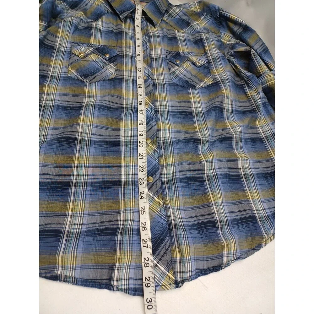 Wrangler American Cowboys Pearl Snaps Shirt Plaid Blue Long Sleeve XL